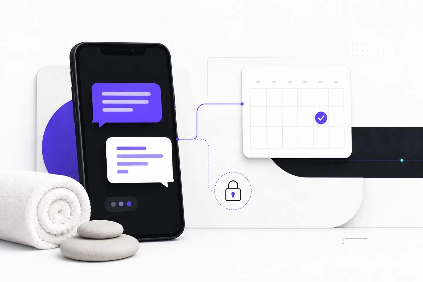 Illustration of violet message bubbles on a smartphone connected to an appointment calendar and padlock, beside a rolled spa towel and smooth stones.